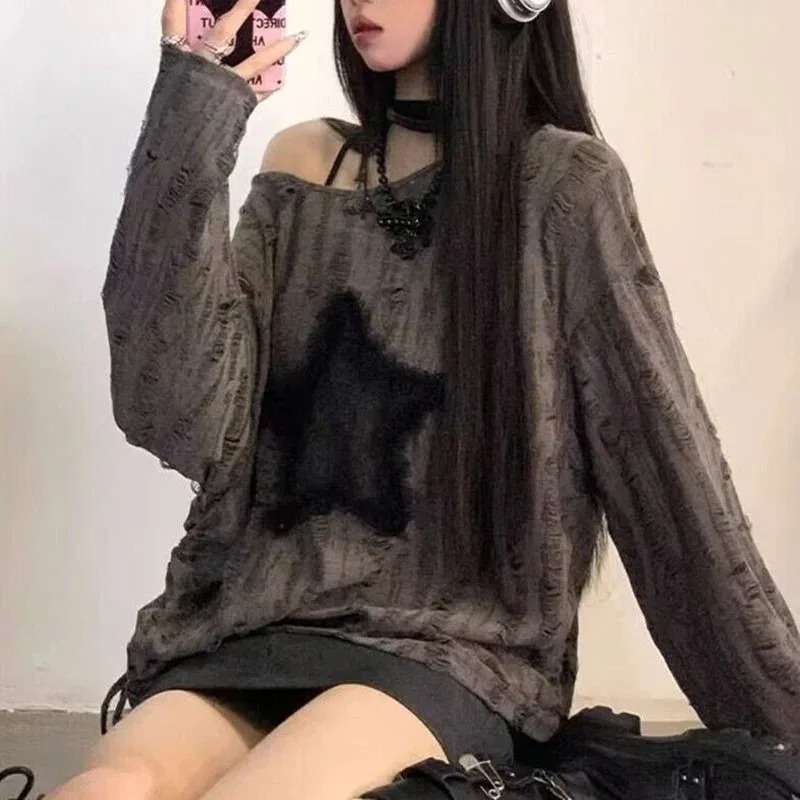 Street Fashion Kpop - Camiseta Y2K con estampado de estrellas
